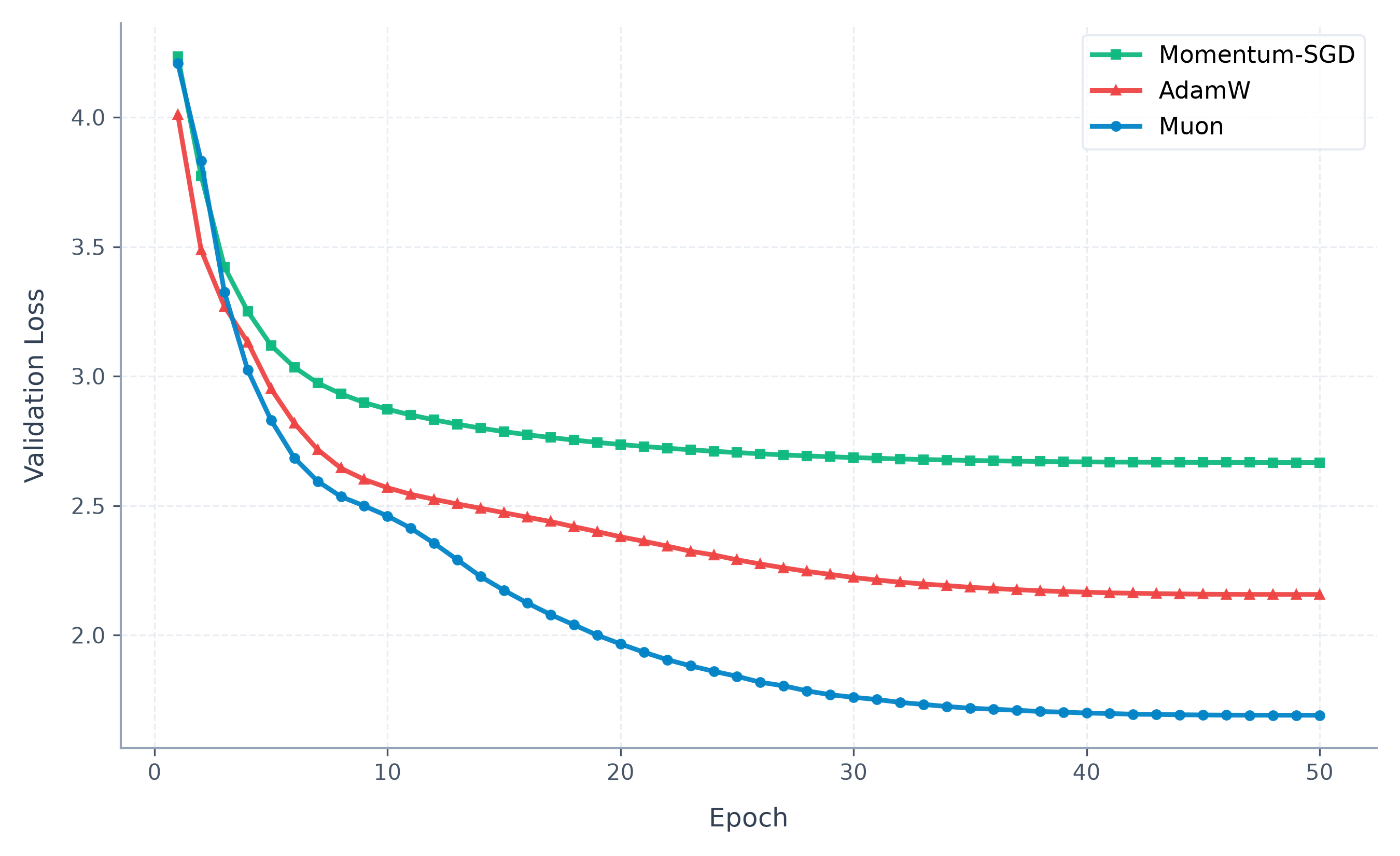 Optimizer comparison: SGD vs AdamW vs Muon